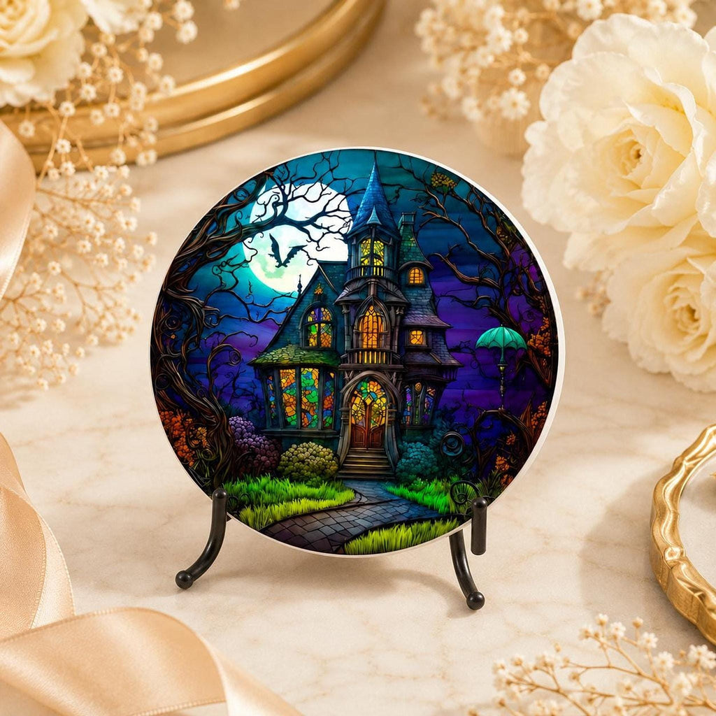 Halloween Coaster, Ceramic Haunted House Drink Mat With Glossy or Matte Finish