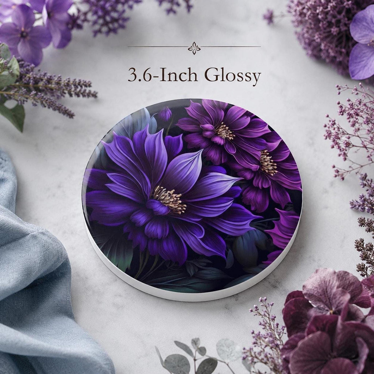 Floral Coaster, Purple Ceramic Botanical Accent, Glossy or Matte Finish