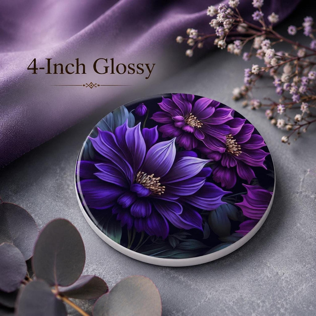 Floral Coaster, Purple Ceramic Botanical Accent, Glossy or Matte Finish
