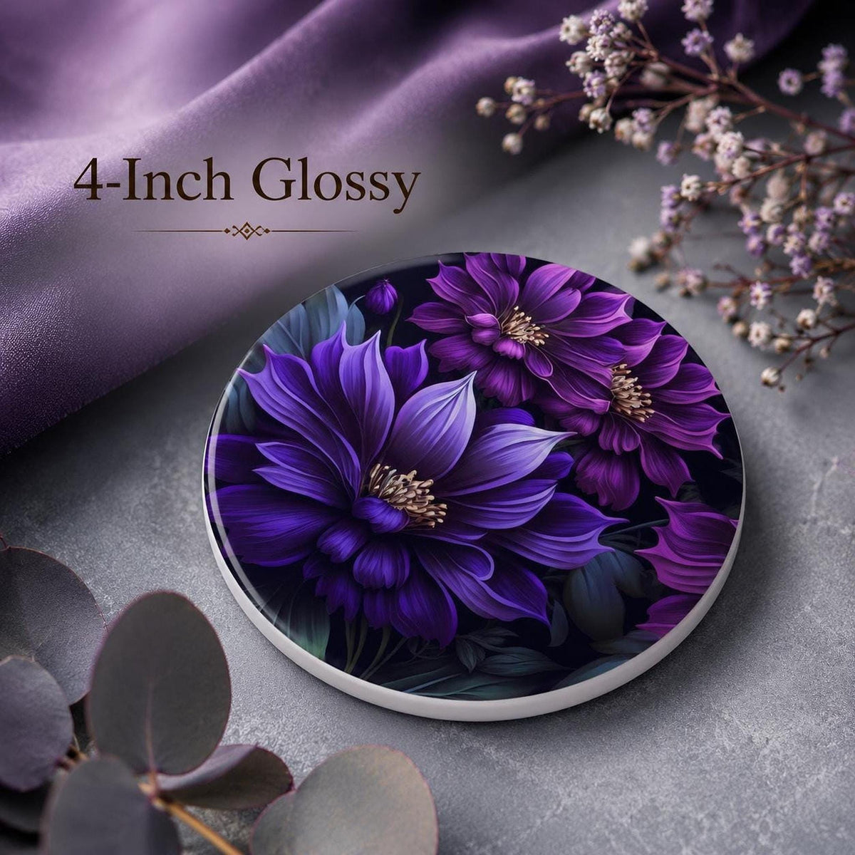 Floral Coaster, Purple Ceramic Botanical Accent, Glossy or Matte Finish