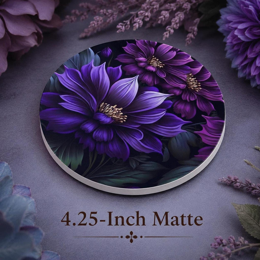 Floral Coaster, Purple Ceramic Botanical Accent, Glossy or Matte Finish
