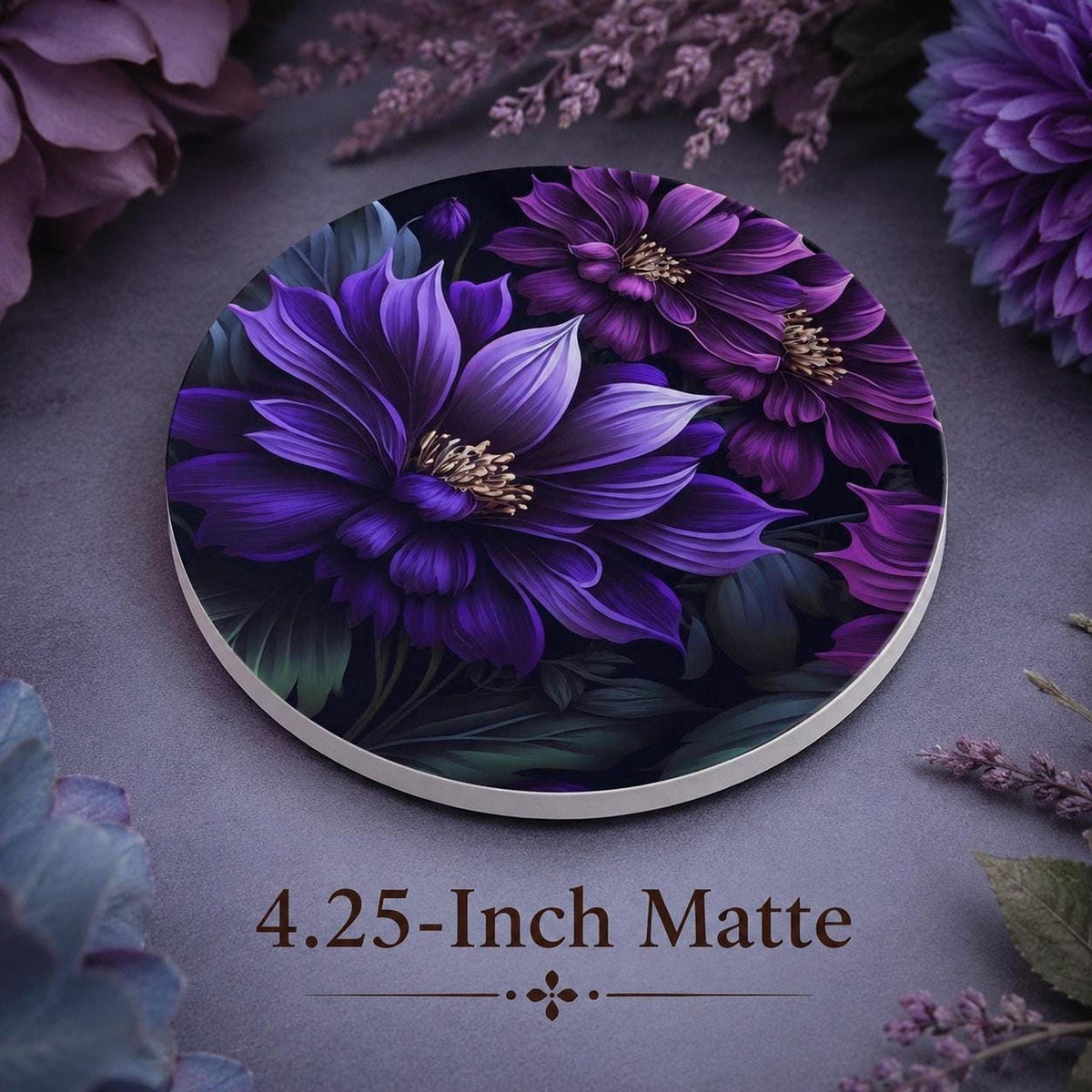 Floral Coaster, Purple Ceramic Botanical Accent, Glossy or Matte Finish