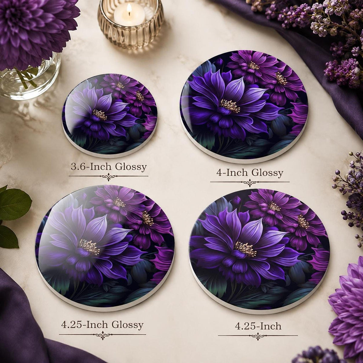 Floral Coaster, Purple Ceramic Botanical Accent, Glossy or Matte Finish