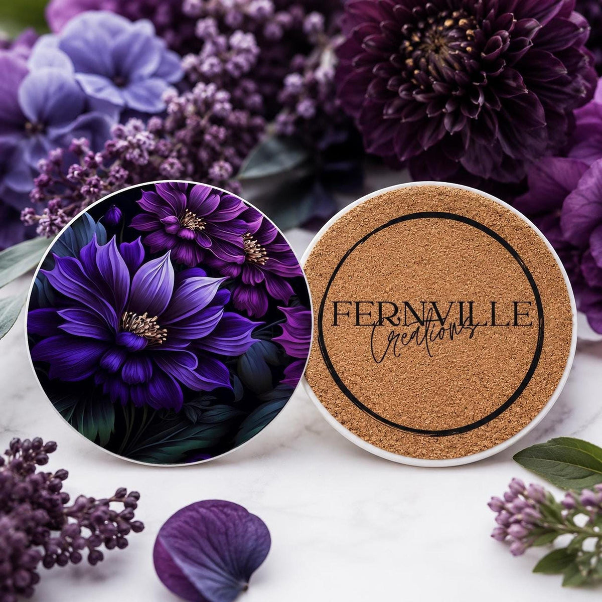 Floral Coaster, Purple Ceramic Botanical Accent, Glossy or Matte Finish