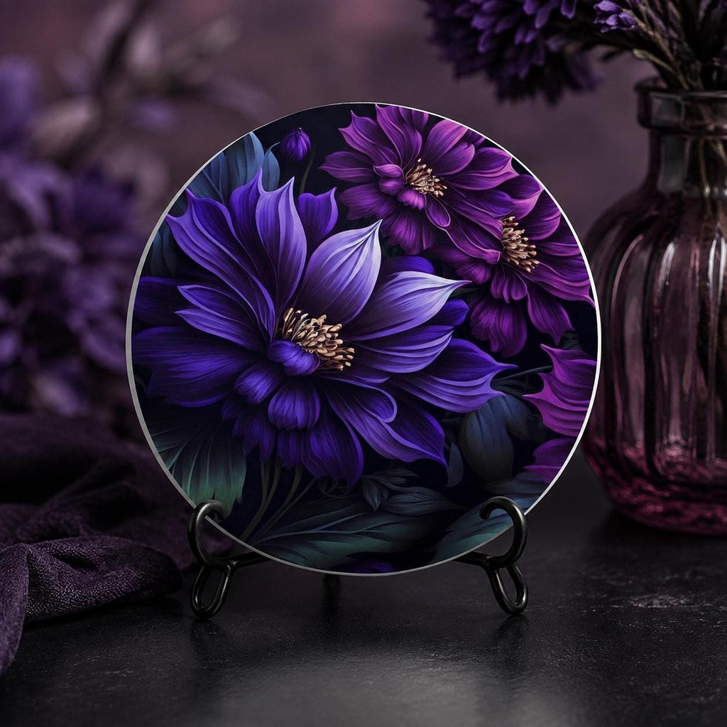 Floral Coaster, Purple Ceramic Botanical Accent, Glossy or Matte Finish