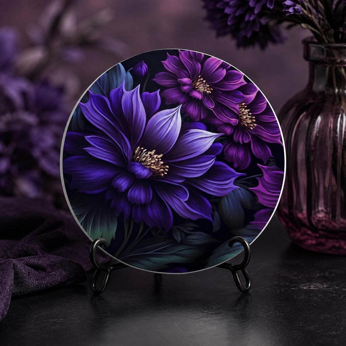 Floral Coaster, Purple Ceramic Botanical Accent, Glossy or Matte Finish