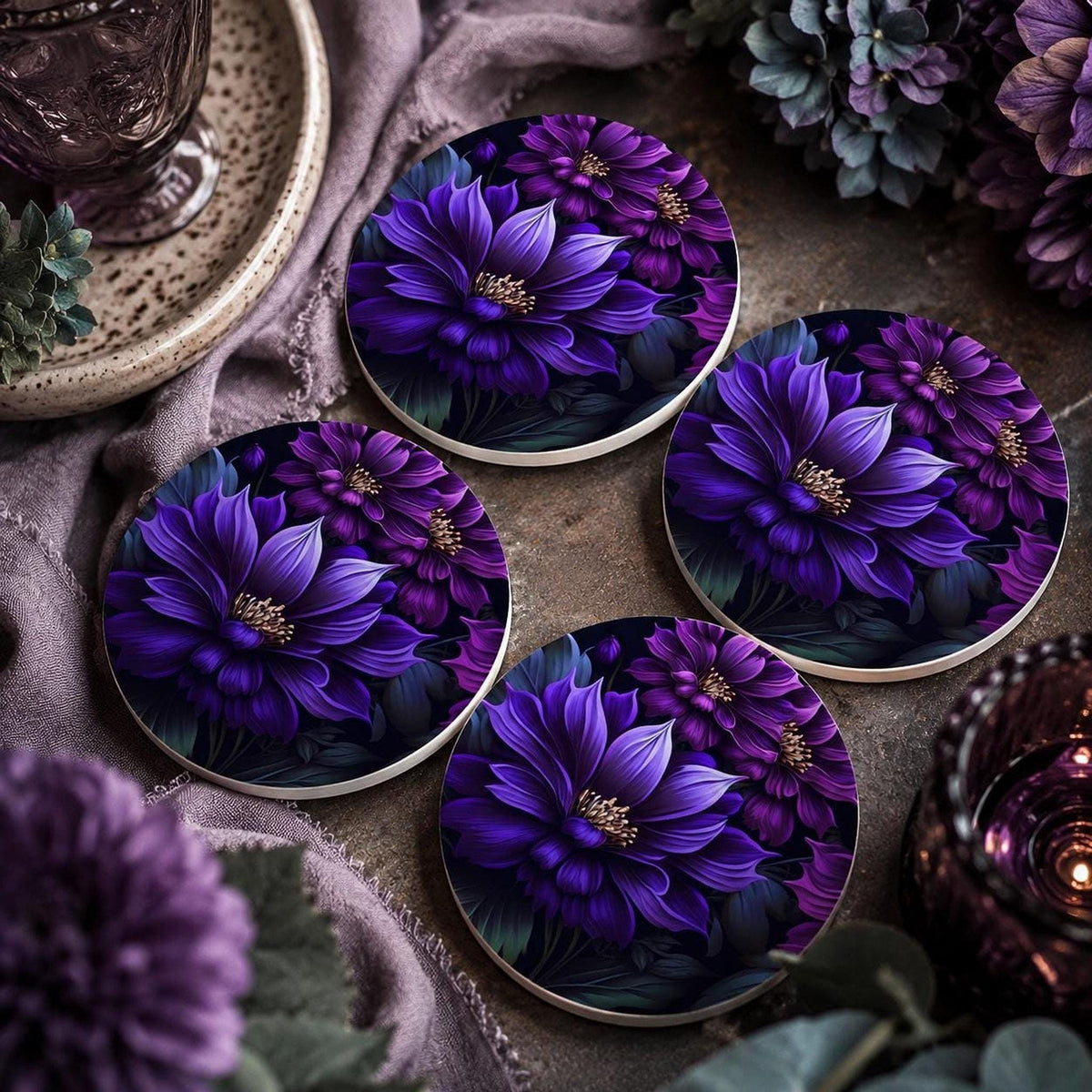 Floral Coaster, Purple Ceramic Botanical Accent, Glossy or Matte Finish