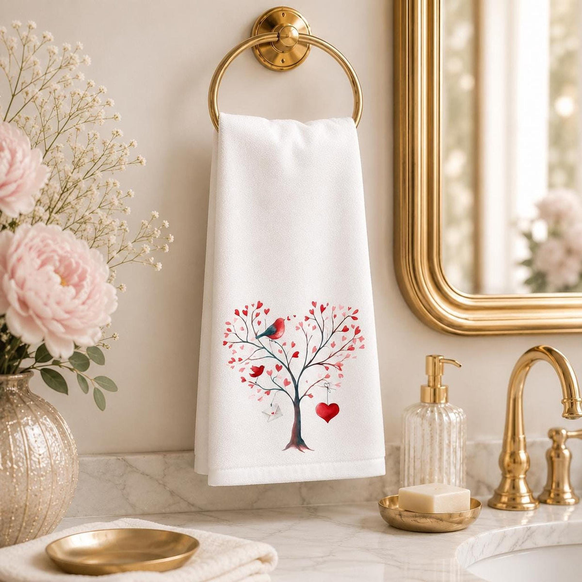 Valentine Towel, White Cotton Terrycloth Guest Bath Accent with Love Birds