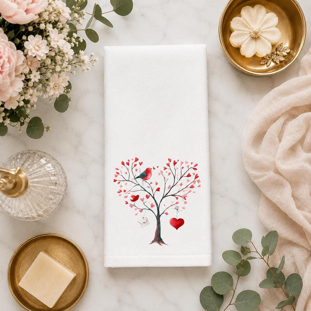 Valentine Towel, White Cotton Terrycloth Guest Bath Accent with Love Birds