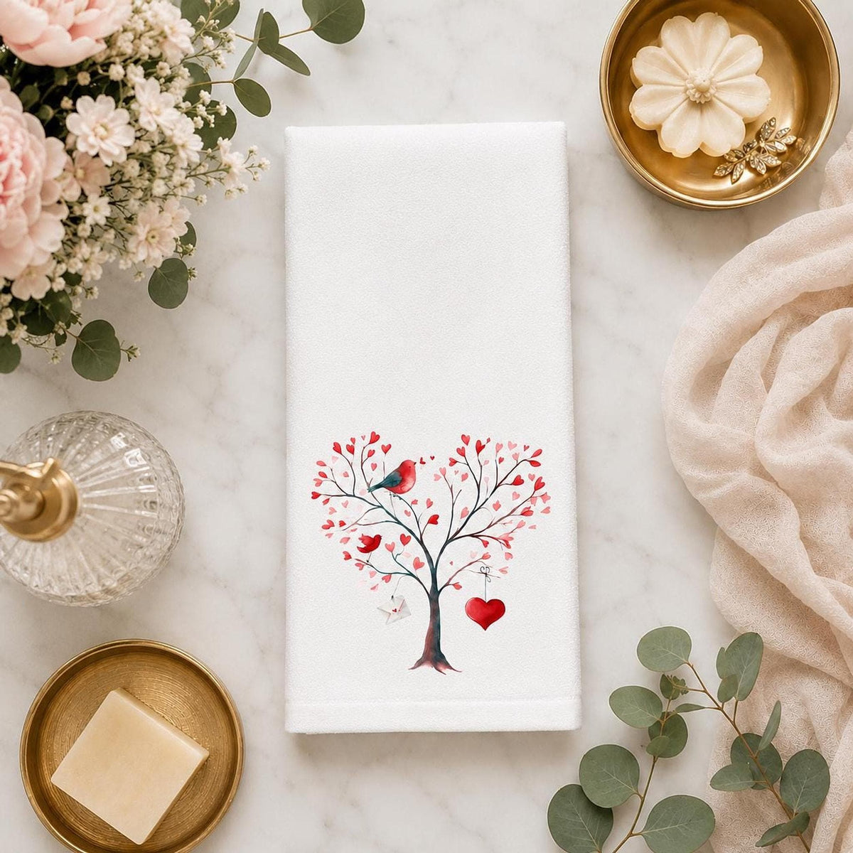 Valentine Towel, White Cotton Terrycloth Guest Bath Accent with Love Birds