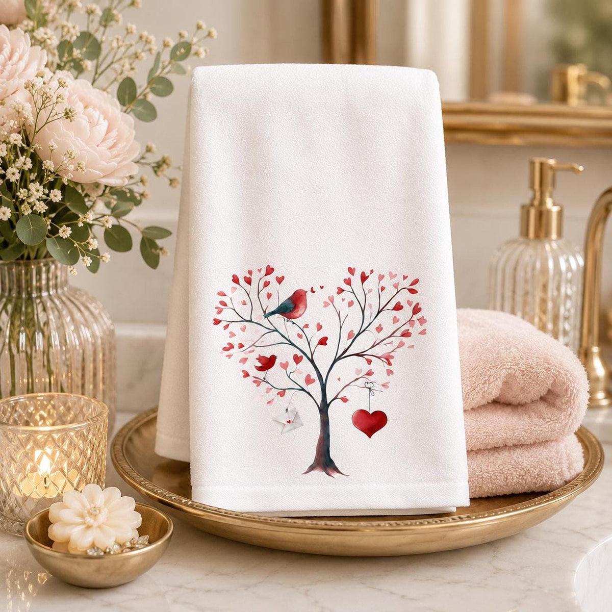 Valentine Towel, White Cotton Terrycloth Guest Bath Accent with Love Birds