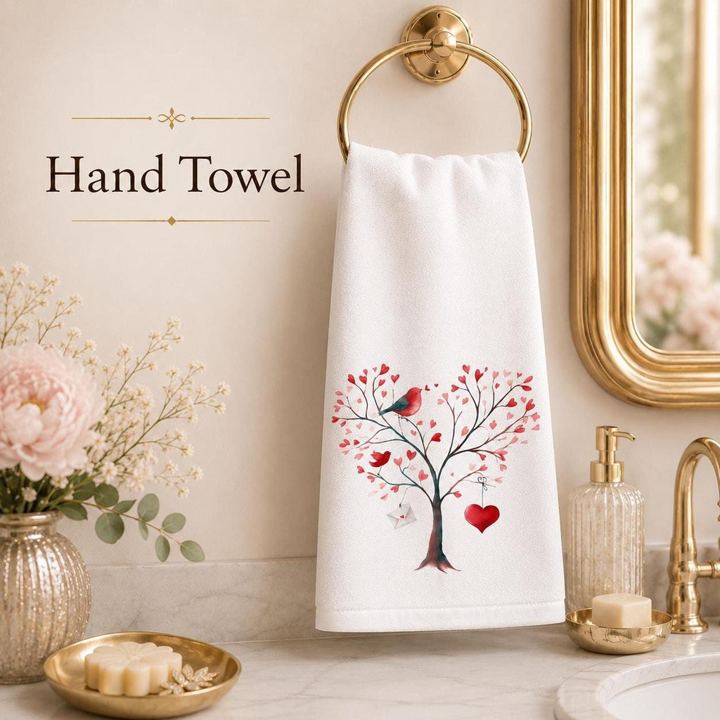 Valentine Towel, White Cotton Terrycloth Guest Bath Accent with Love Birds