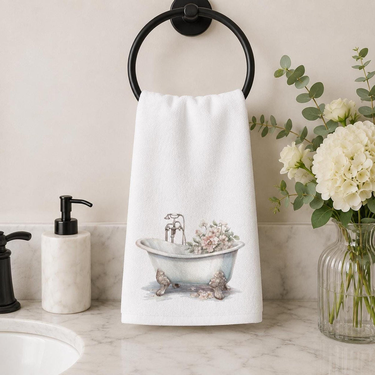 Clawfoot Tub Hand Towel, Vintage Bathroom Decor, Floral Guest Towel, Cottage Bath Gift