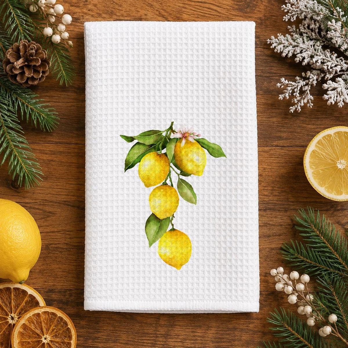 Lemon Waffle Kitchen Towel, Citrus Tea Towel, 3 Botanical Designs, Farmhouse Kitchen Decor