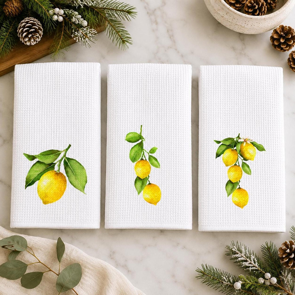 Lemon Waffle Kitchen Towel, Citrus Tea Towel, 3 Botanical Designs, Farmhouse Kitchen Decor