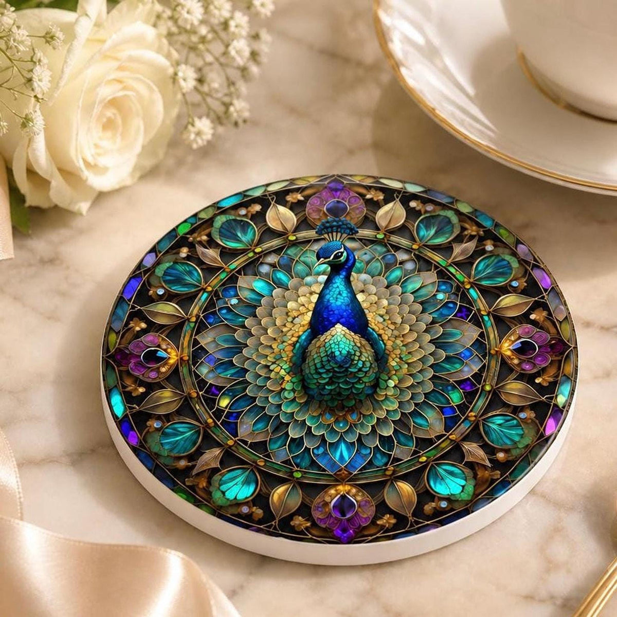 Peacock Ceramic Coaster, Jewel Tone Bird Decor, Ornate Floral Accent, Nature Lover Gift