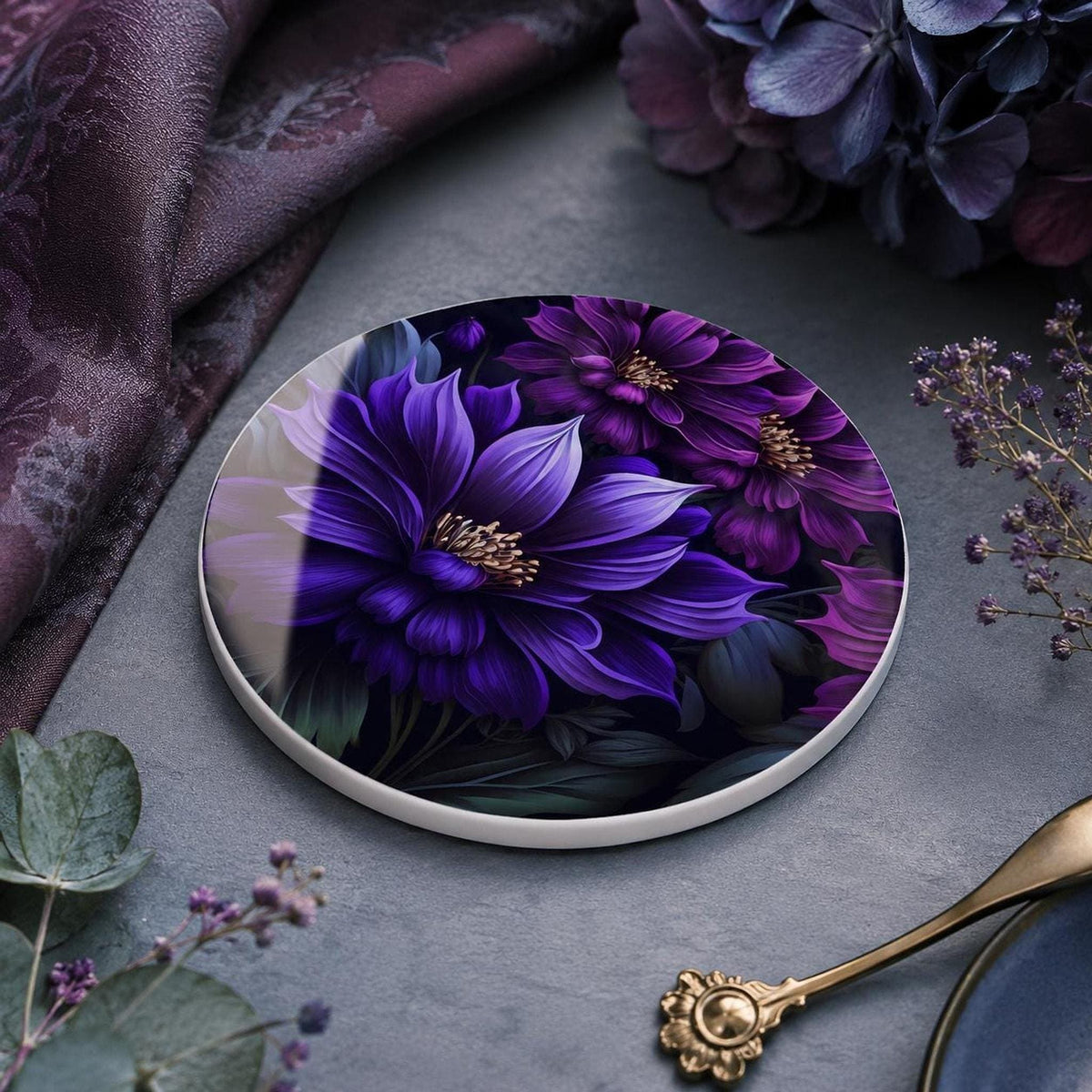 Floral Coaster, Purple Ceramic Botanical Accent, Glossy or Matte Finish