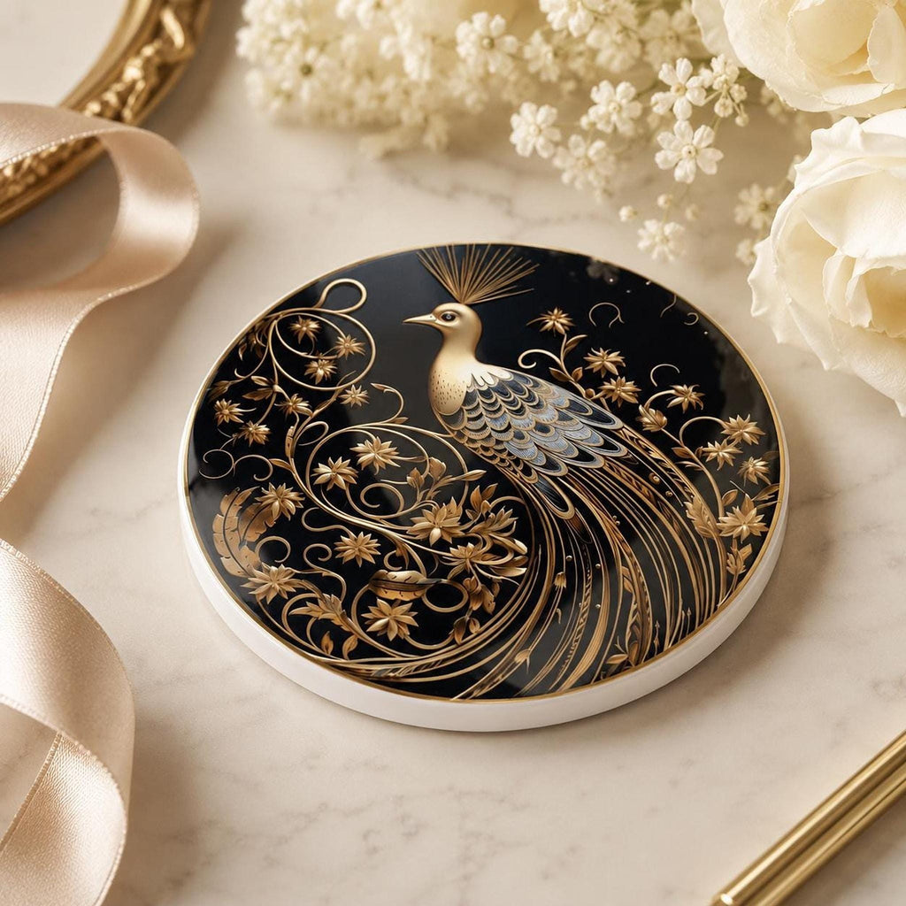 Gold Botanical Decor Ceramic Coaster, Black Peacock Art Nouveau, 3.6–4.25-Inch Round