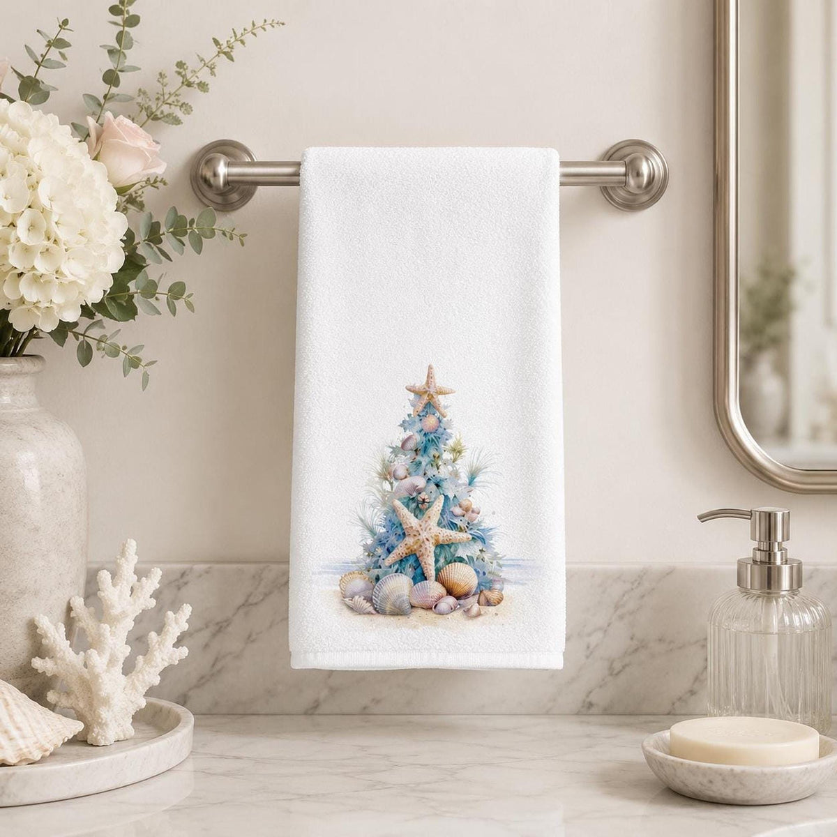 Seashell Towel, Coastal Christmas Decor with Starfish Tree, 15 × 25 Inches
