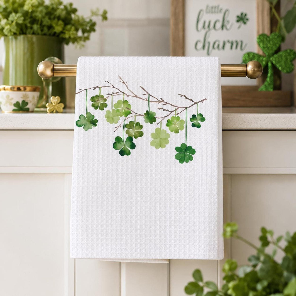 Waffle Weave Towel, White Microfiber Shamrock Design, 16 x 25 Inches