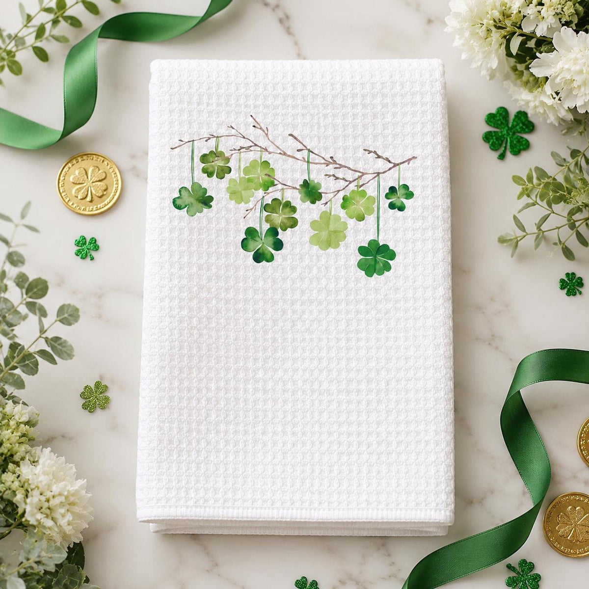 Waffle Weave Towel, White Microfiber Shamrock Design, 16 x 25 Inches