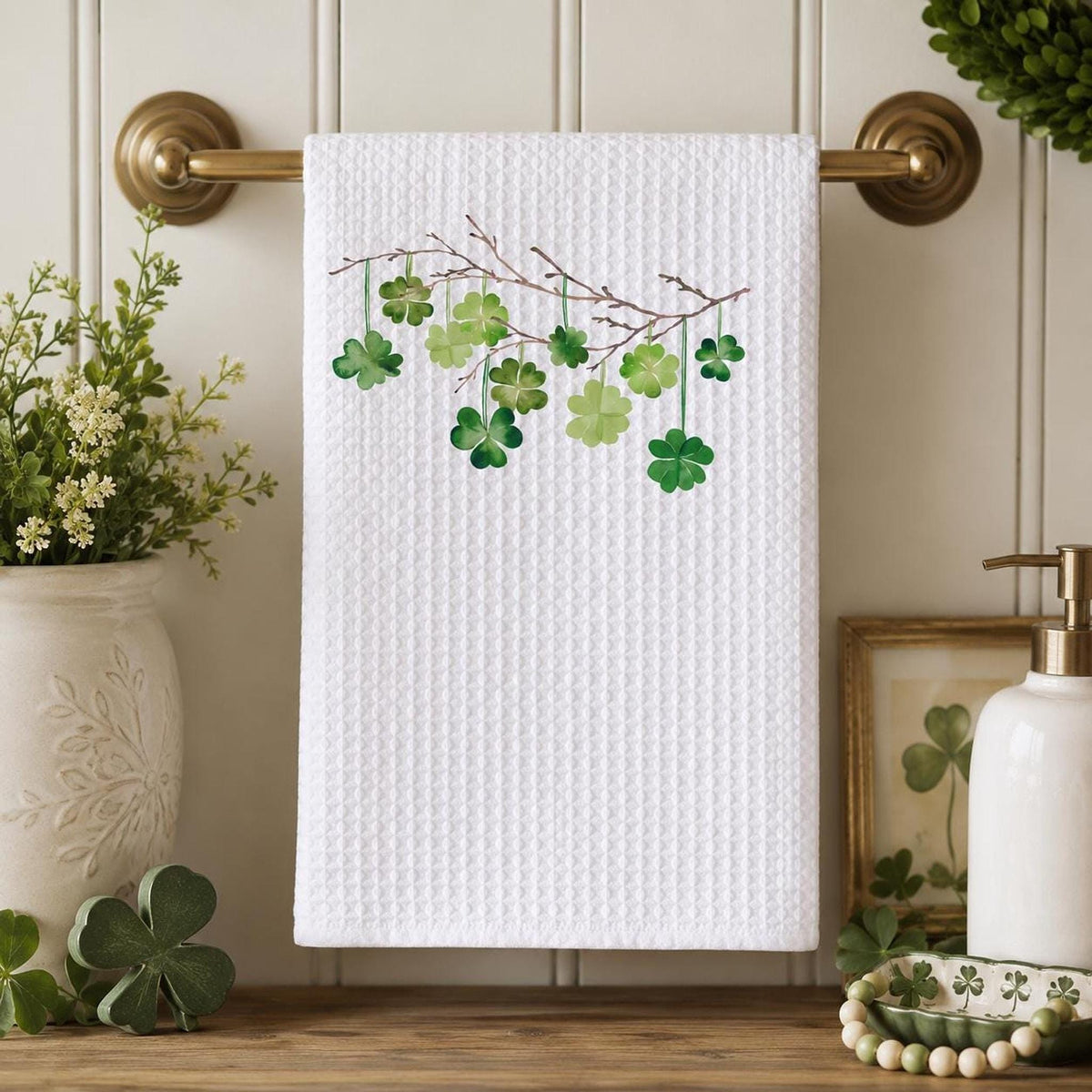 Waffle Weave Towel, White Microfiber Shamrock Design, 16 x 25 Inches