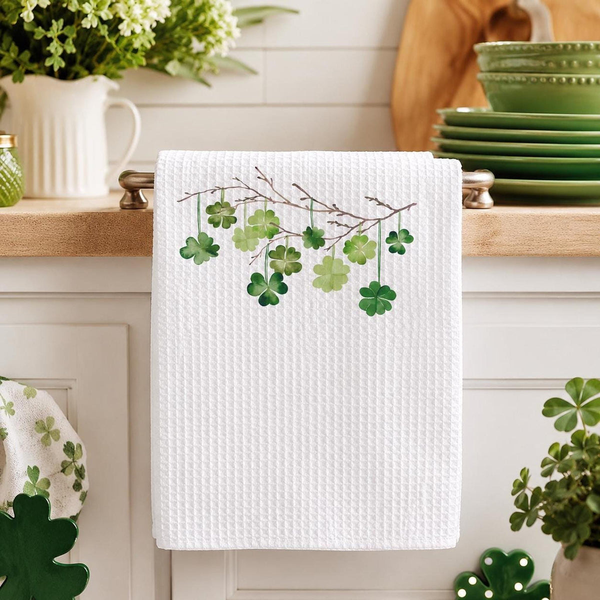 Waffle Weave Towel, White Microfiber Shamrock Design, 16 x 25 Inches