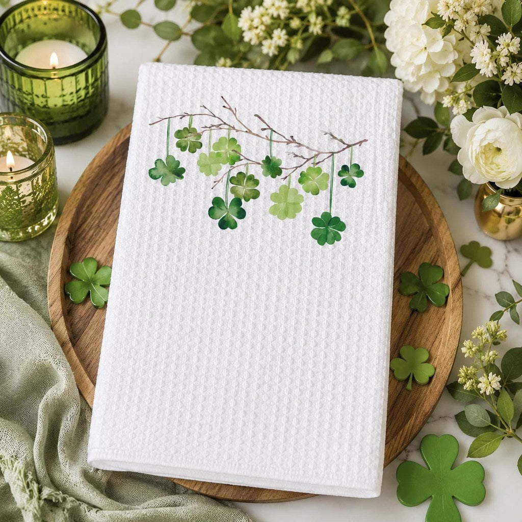 Waffle Weave Towel, White Microfiber Shamrock Design, 16 x 25 Inches
