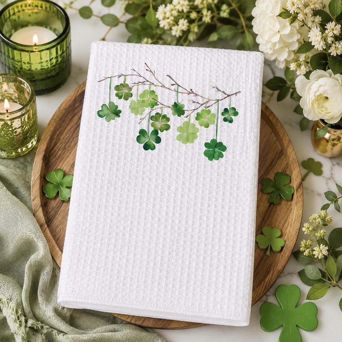 Waffle Weave Towel, White Microfiber Shamrock Design, 16 x 25 Inches