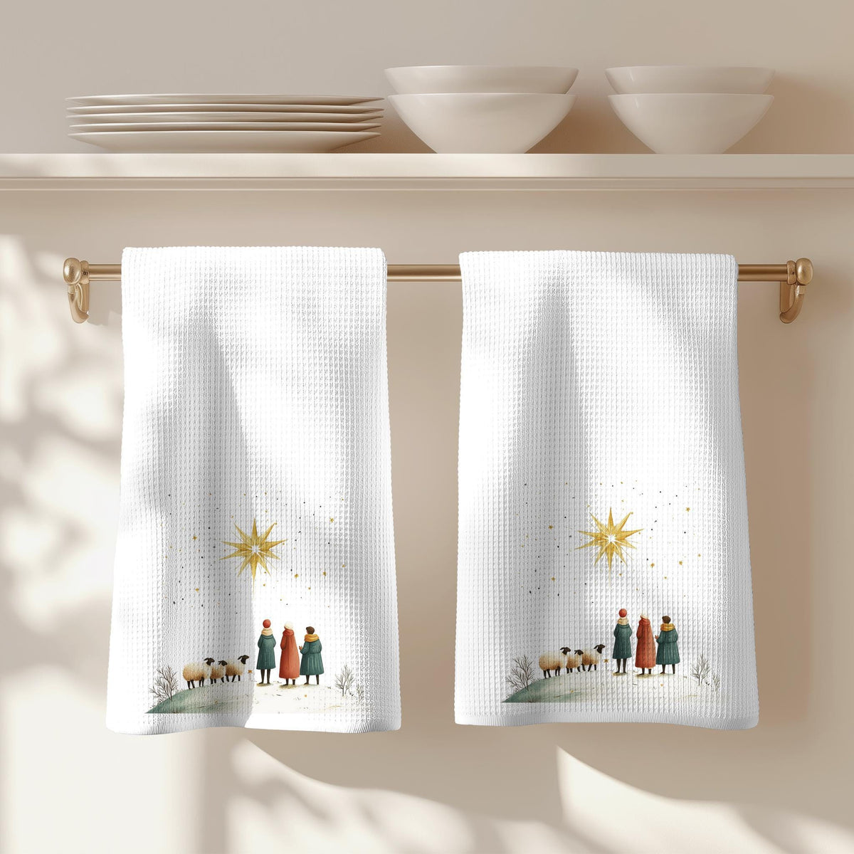 Christmas Towel, Warm White Microfiber Waffle Weave Nativity Scene