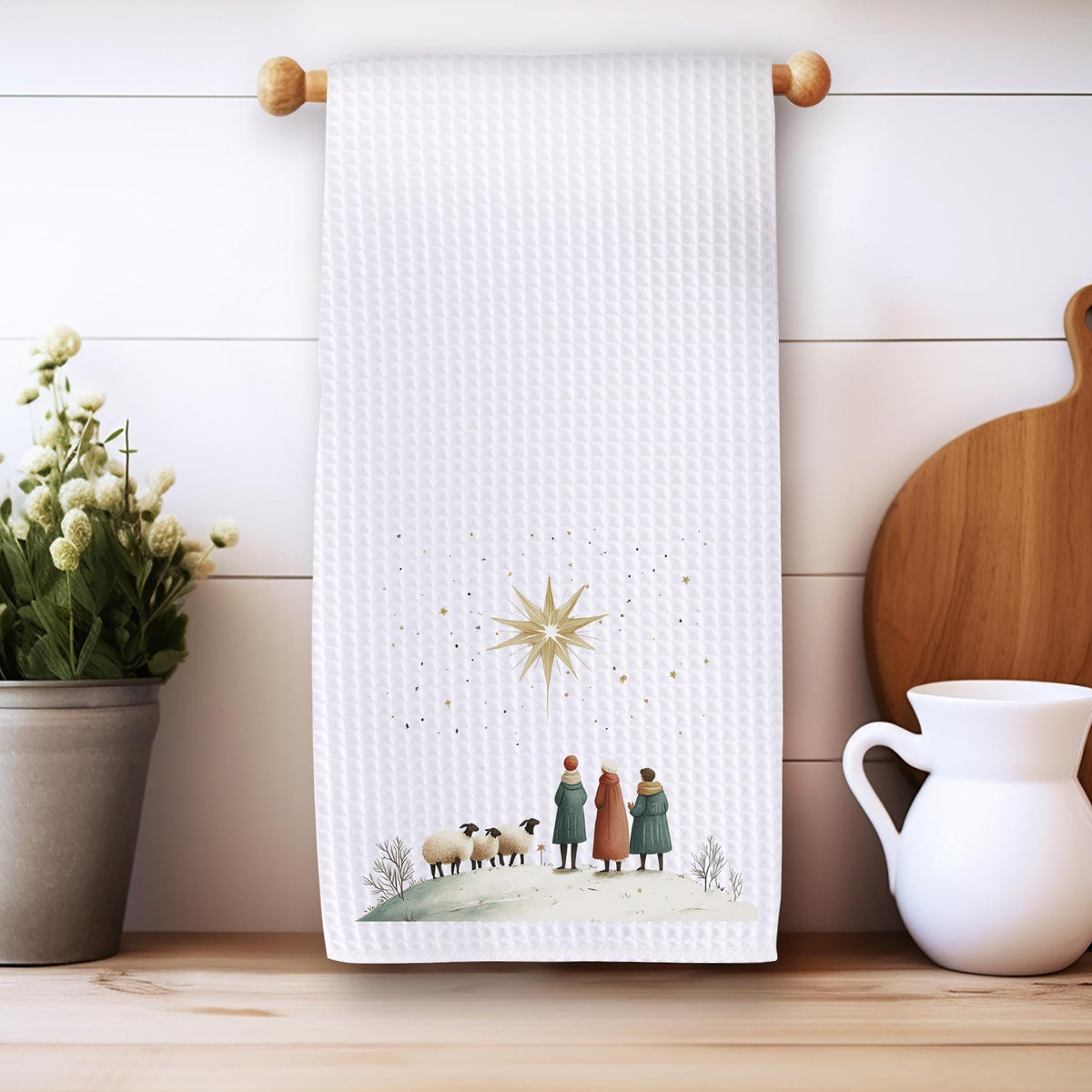 Christmas Towel, Warm White Microfiber Waffle Weave Nativity Scene