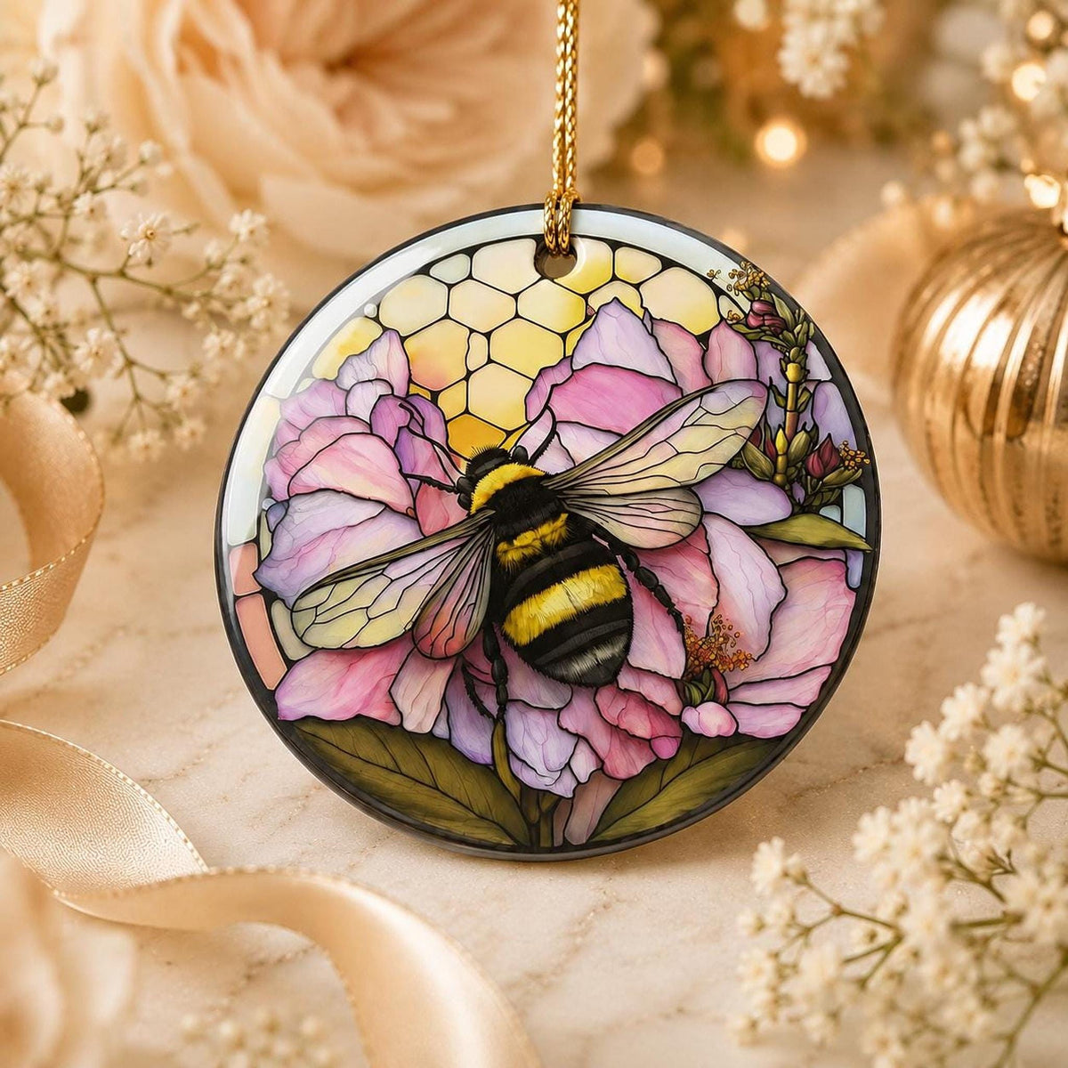Bee Ornament, 3-Inch Round Ceramic Floral Keepsake with Leaded-Glass Look