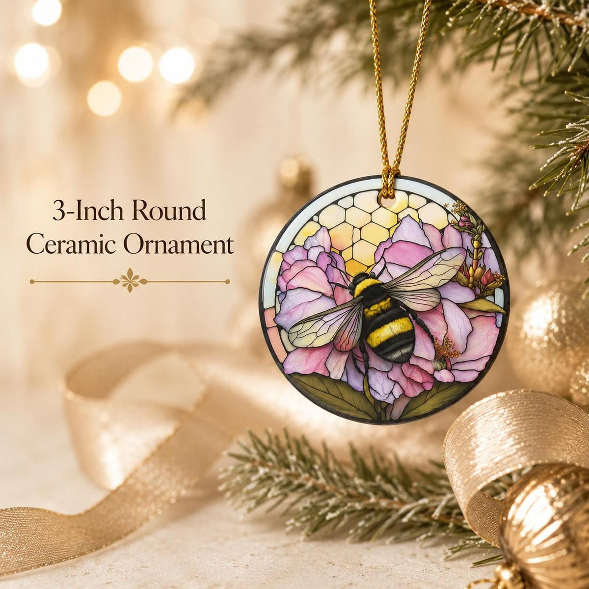 Bee Ornament, 3-Inch Round Ceramic Floral Keepsake with Leaded-Glass Look