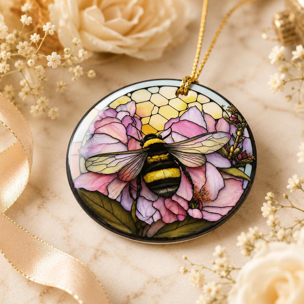 Bee Ornament, 3-Inch Round Ceramic Floral Keepsake with Leaded-Glass Look