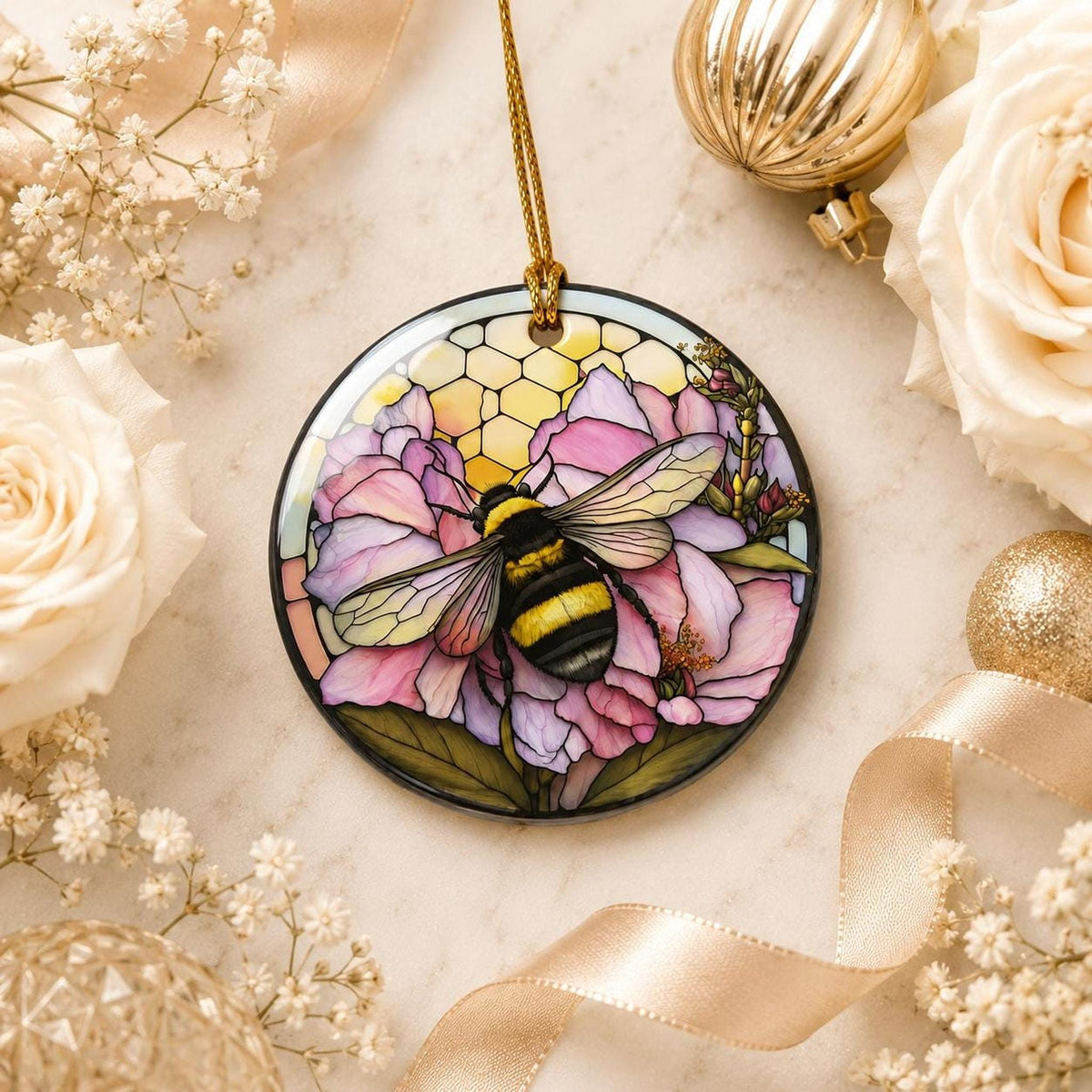 Bee Ornament, 3-Inch Round Ceramic Floral Keepsake with Leaded-Glass Look