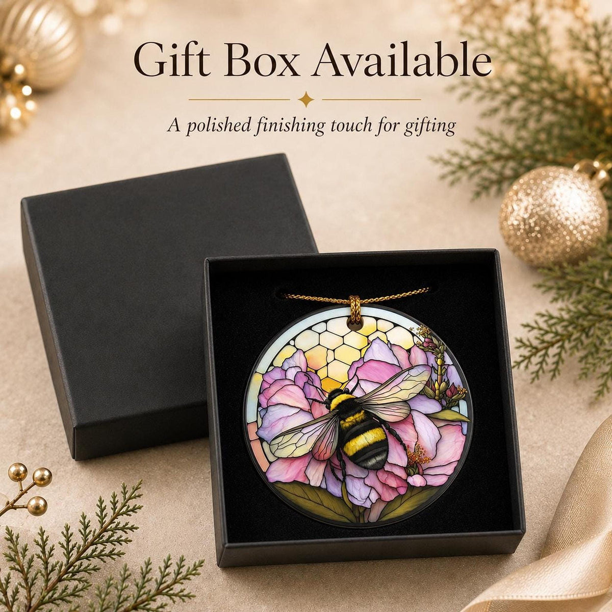 Bee Ornament, 3-Inch Round Ceramic Floral Keepsake with Leaded-Glass Look