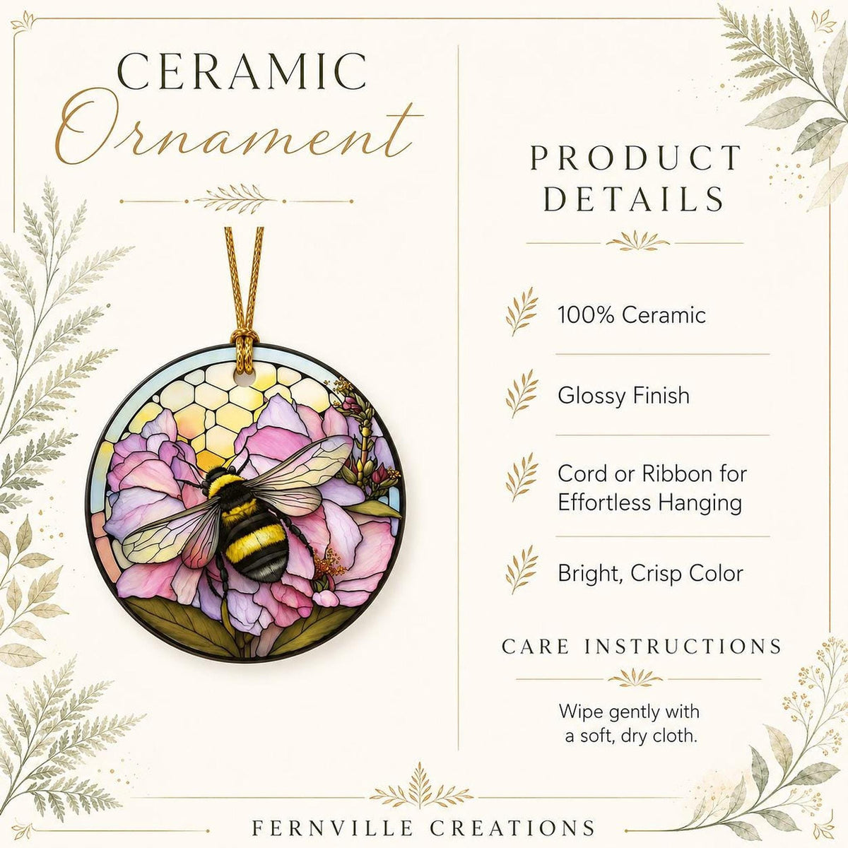 Bee Ornament, 3-Inch Round Ceramic Floral Keepsake with Leaded-Glass Look