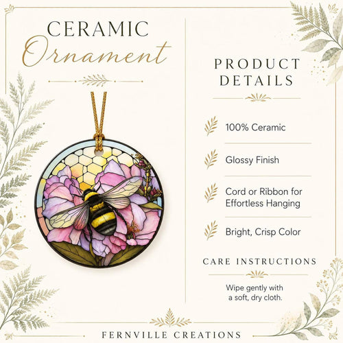 Bee Ornament, 3-Inch Round Ceramic Floral Keepsake with Leaded-Glass Look