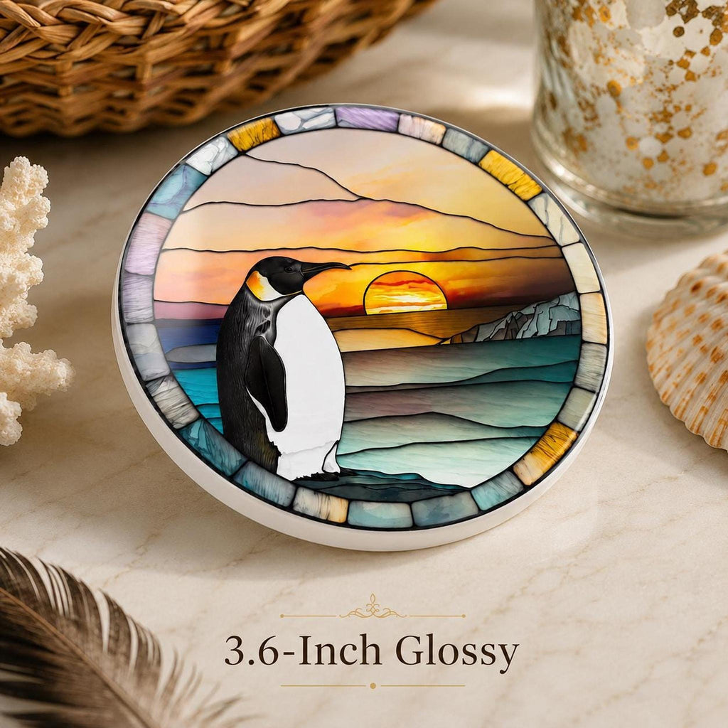Sunset Table Decor, Penguin Ceramic Coaster with Mosaic Ocean Art