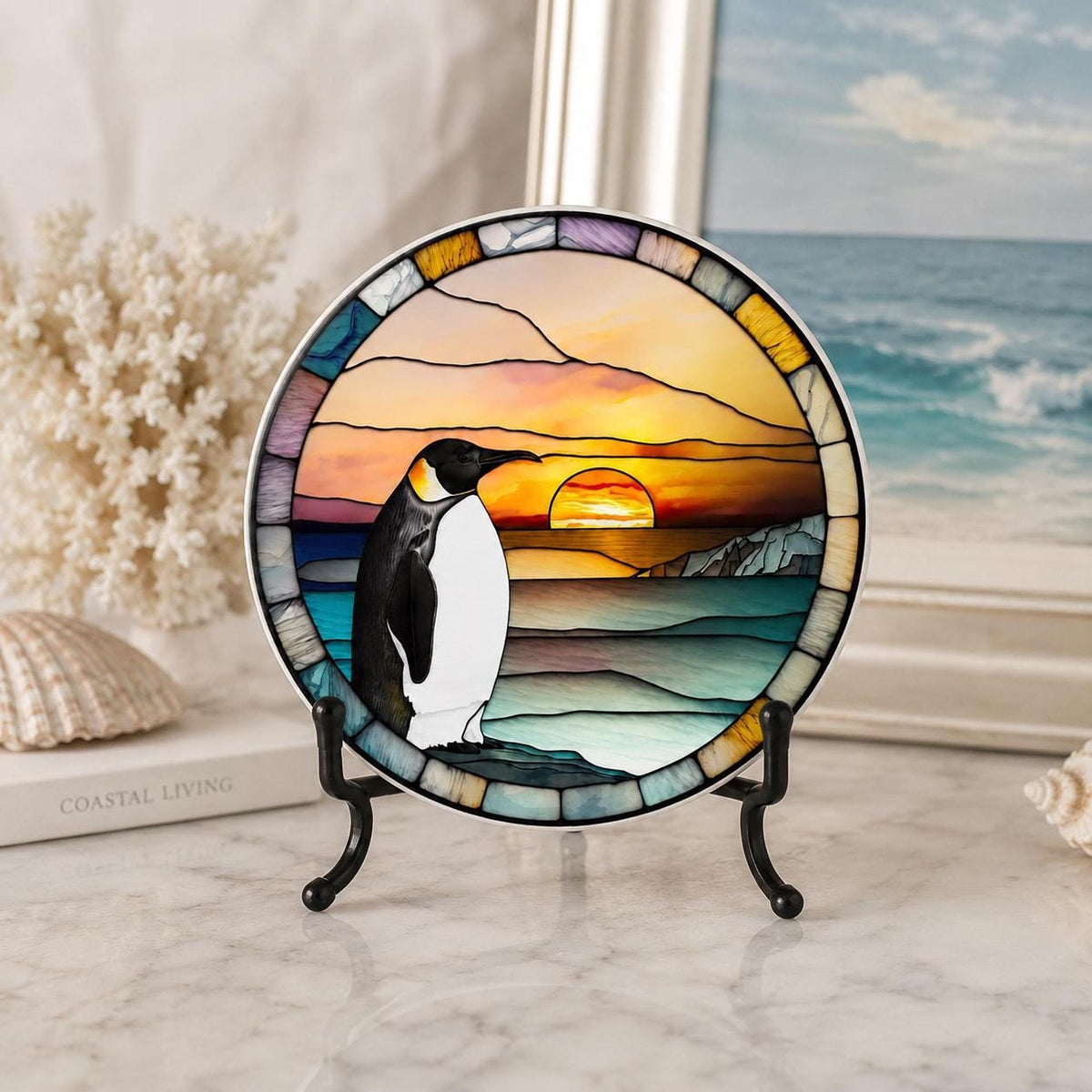 Sunset Table Decor, Penguin Ceramic Coaster with Mosaic Ocean Art