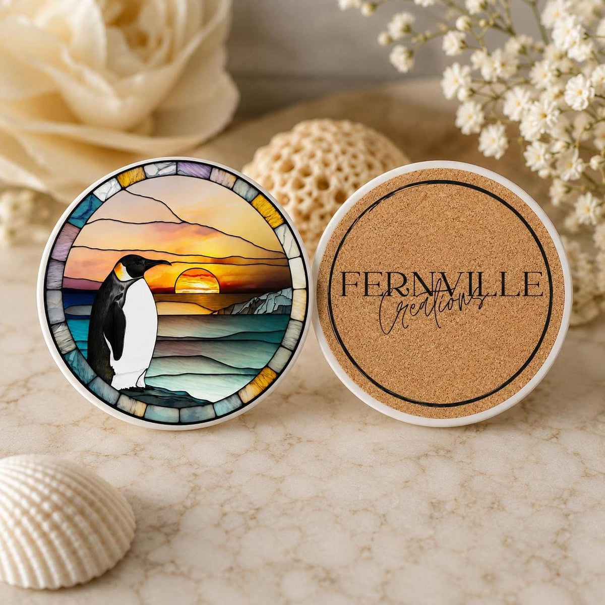 Sunset Table Decor, Penguin Ceramic Coaster with Mosaic Ocean Art