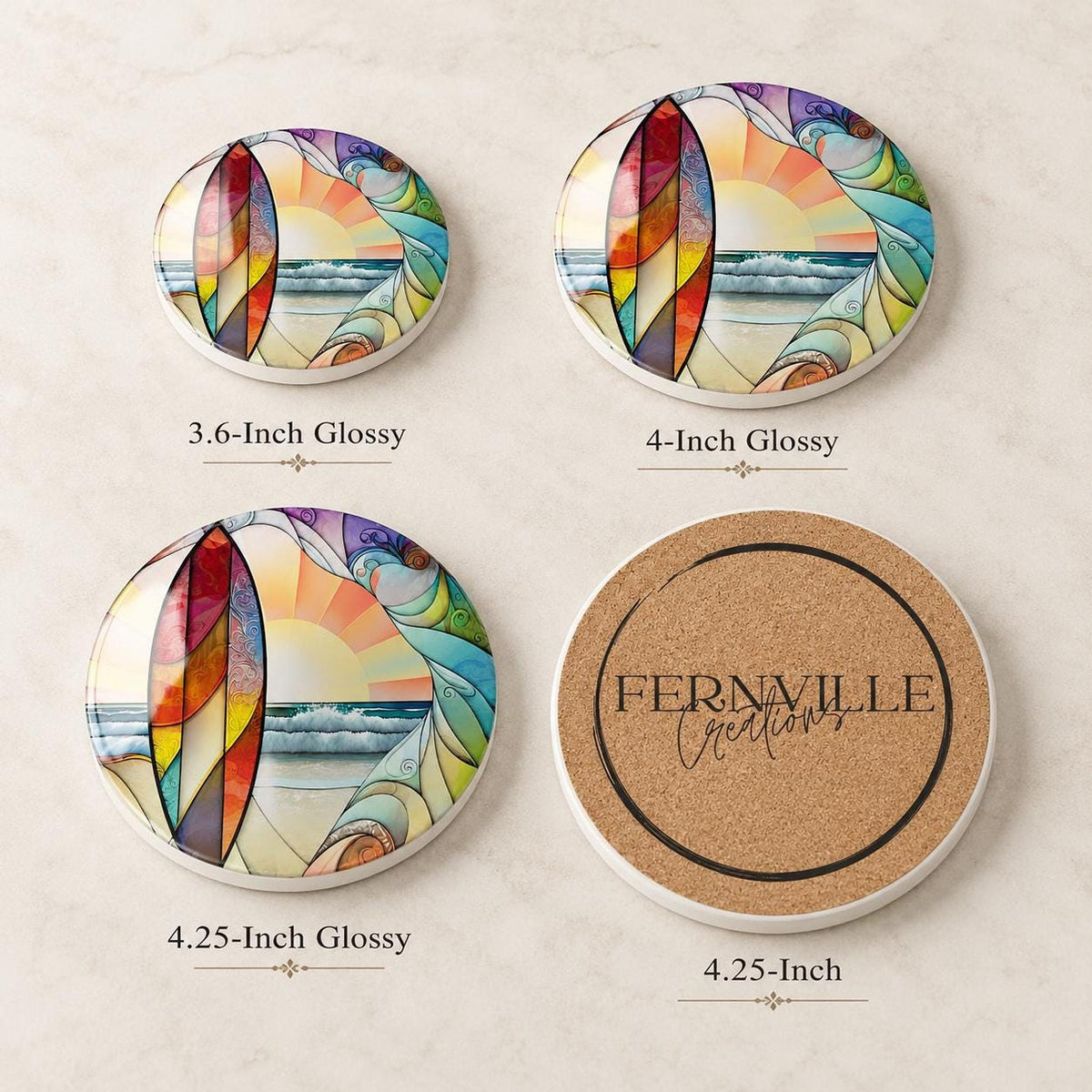 Beach Table Decor Ceramic Coaster, Surfboard Sunset Ocean Art
