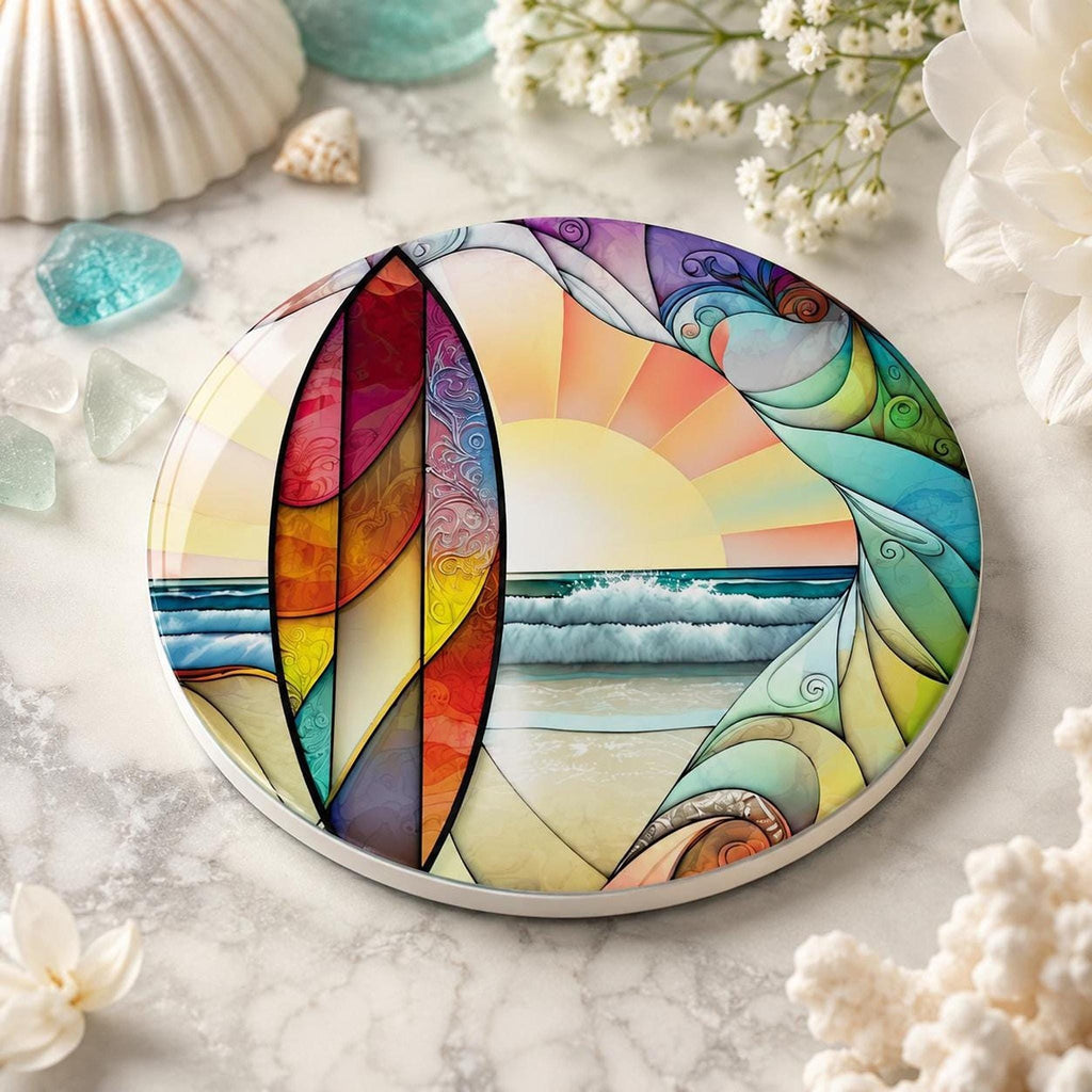 Beach Table Decor Ceramic Coaster, Surfboard Sunset Ocean Art