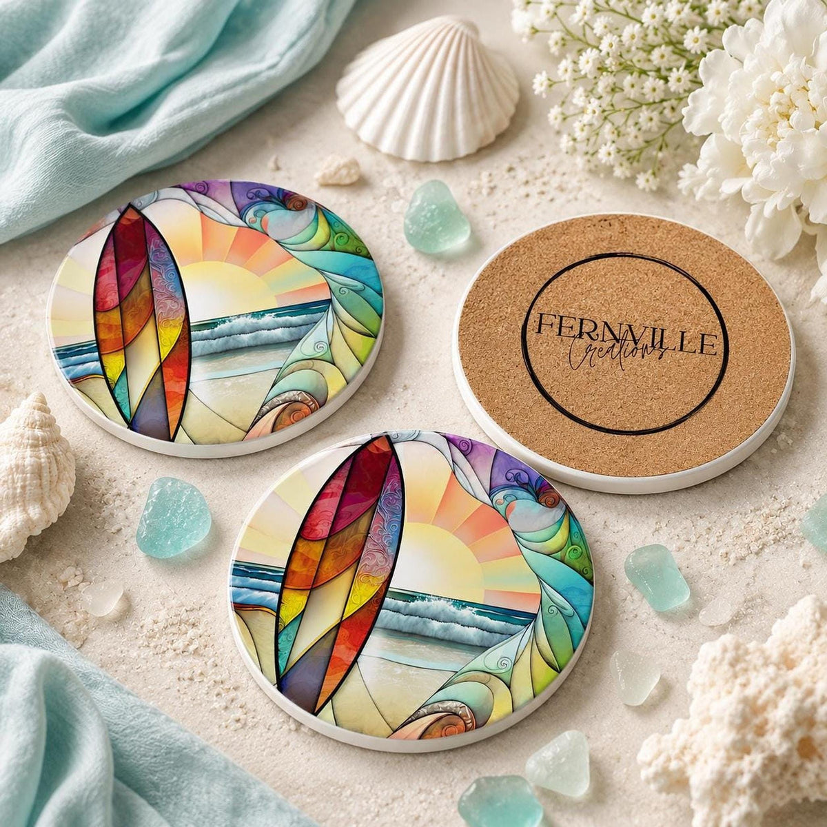 Beach Table Decor Ceramic Coaster, Surfboard Sunset Ocean Art