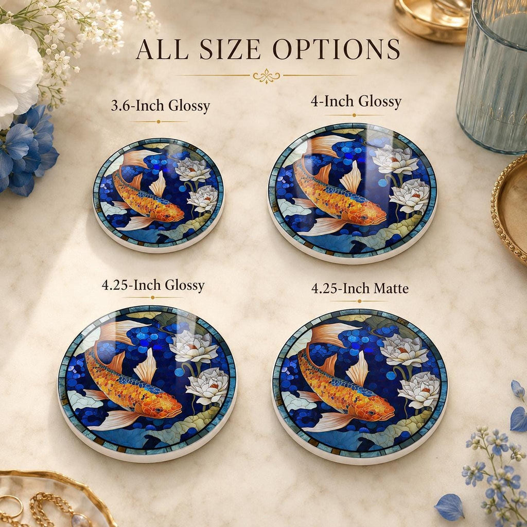 Desk Coaster Decor Featuring Round Ceramic Koi Fish And Lotus Pond Art