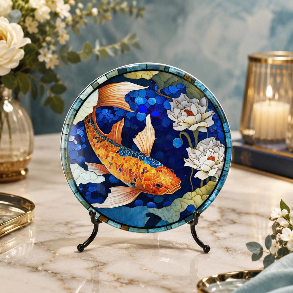 Desk Coaster Decor Featuring Round Ceramic Koi Fish And Lotus Pond Art