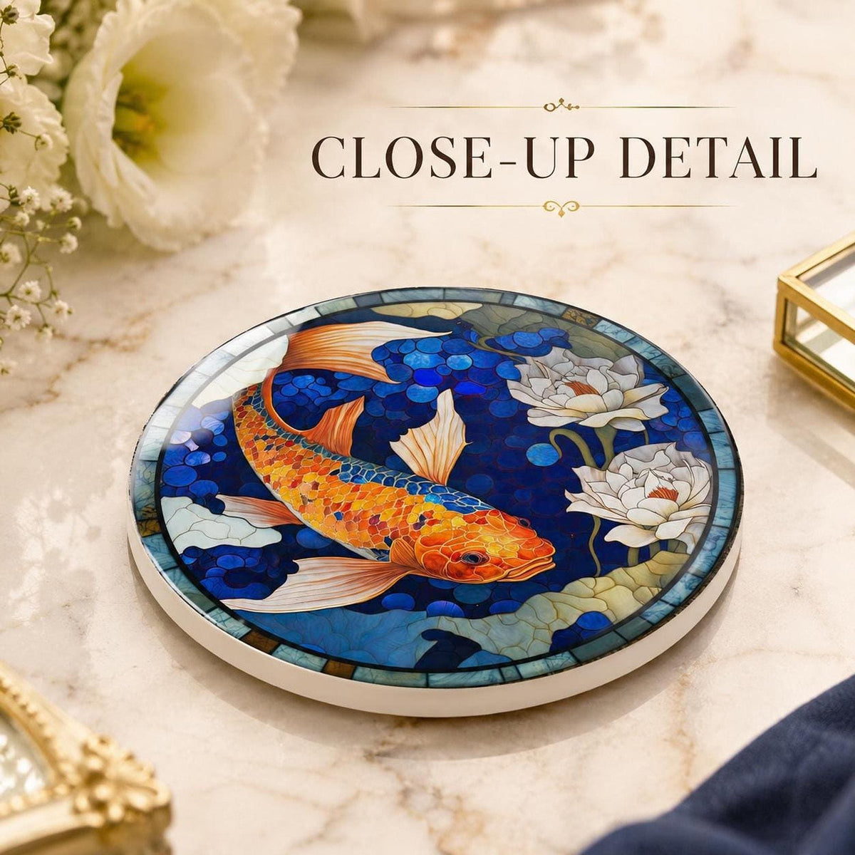 Desk Coaster Decor Featuring Round Ceramic Koi Fish And Lotus Pond Art