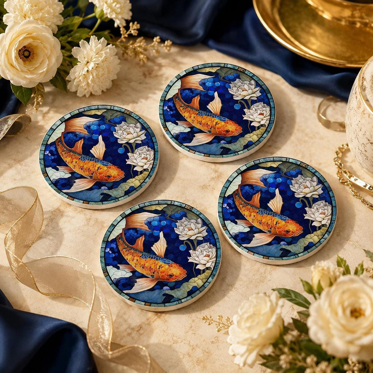 Desk Coaster Decor Featuring Round Ceramic Koi Fish And Lotus Pond Art