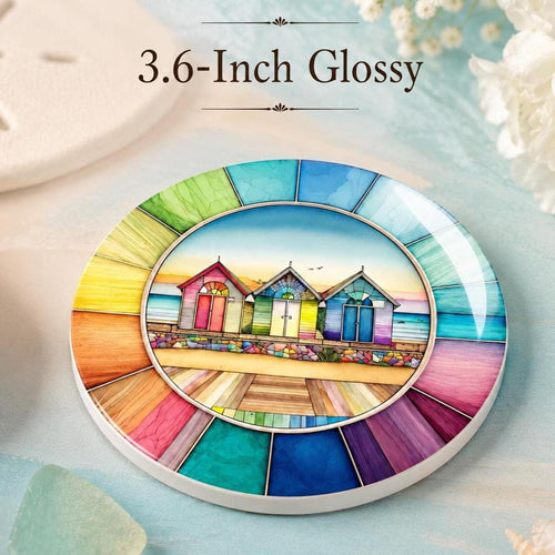 Beach Hut Coaster, Colorful Ceramic Drink Mat with Rainbow Border