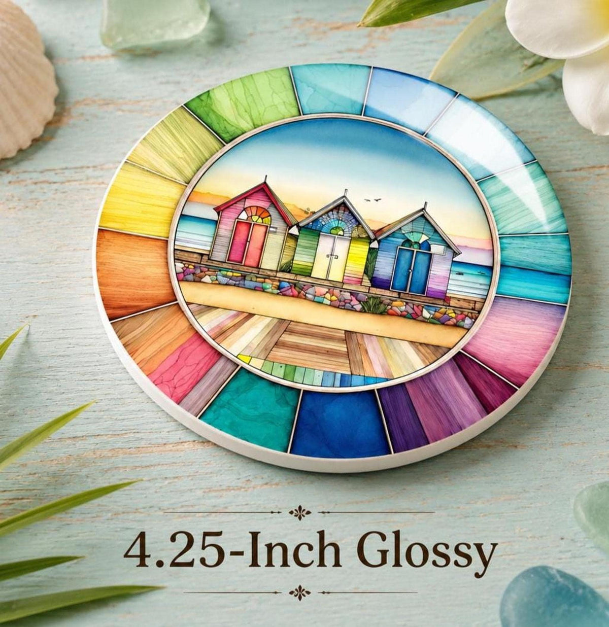 Beach Hut Coaster, Colorful Ceramic Drink Mat with Rainbow Border
